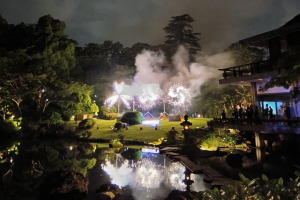 大使館の池に映る花火の写真